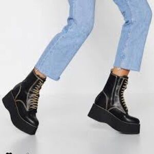 Nasty Gal Black Platform Combat Boots With Yellow Stitching.  Size 5.